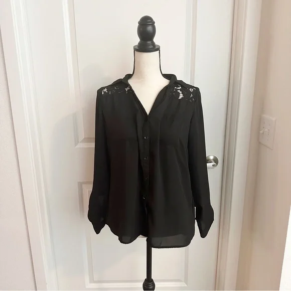 Roz&Ali Lace Black Llng Sleeve Button Up Blouse - Picture 1 of 7